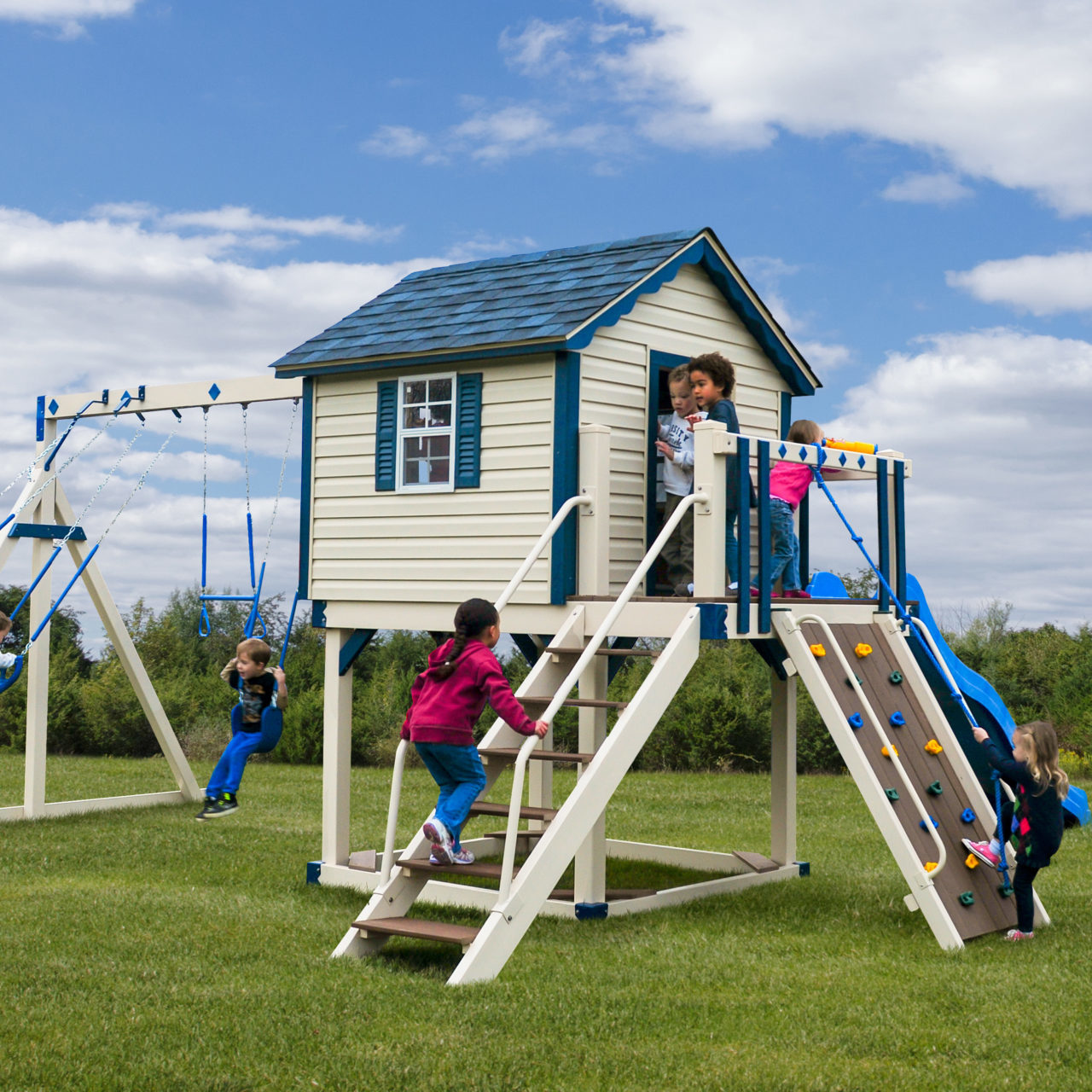 The Sailor's Retreat Towers:
6’x6’ Playhouse with 2’ Front Deck
Tower Connectors:
N/A
Slides:
10’ Wave Slide
Climbers:
Staircase, Full Width Climbing Wall
Roof Type:
Asphalt
Swing Bar:
3 Position 10’ High Beam
Rides:
Belt Swing, Plastic Glider, Trapeze
Fun Add-On's:
Ship Wheel, Telescope