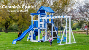 The Captain’s Castle double-deck tower has two different heights. A hammock swing for adults can hang under the taller tower. This vinyl swing set has a rock wall, two slides, monkey bars, plastic glider, belt swing & trapeze bar! Choose white swing set with gray decking or ivory swing set with brown decking. Recommended ages 2-12 years old. Price as pictured $10,360.00 - not including delivery and installation.