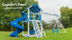 The Captain’s Pearl swing set can fit into almost any yard. The 6×6 tower has a roof & the deck is a fun spot for the tea table and chairs. There’s a spiral slide, rock climbing wall/ladder combo & 4 position swing beam. Included swings are the hammock, trapeze, glider & belt swing. Choose white swing set with gray decking or ivory swing set with brown decking. Recommended ages 3-12 years old. Price as pictured $9,512.00 - not including delivery and installation.