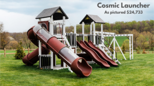 The Cosmic Launcher vinyl swing set has 2 tube slides, 2 10ft slides, a crawl tunnel connecting a ball pit and a clubhouse! The swings, monkey bars, & cargo net, are packed into this 2-tower set. The solid bridge, staircase & ladder make it fun to get around. Choose white swing set with gray decking or ivory swing set with brown decking. Recommended ages 2-11 years old. Price as pictured $24,733.00 - not including delivery and installation.