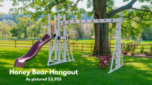 The Honey Bear Hangout swing set has monkey bars, plastic glider, belt swing & trapeze bar. The tower includes a waterfall slide and a telescope. Choose white swing set with gray decking or ivory swing set with brown decking. Recommended ages 2-10 years old. Price as pictured $2,955.00 - not including delivery and installation.