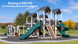 The Moonwalker playground is our largest commercial playground. Designed for children ages 2-12 years. It has monkey bars, five slides, a rock wall and six towers. Built to meet ASTM standards.