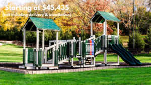 The Navigator commercial vinyl playground is designed for children ages 2-12 years. It is one of medium series sets and has various play decks and dual slides. Built to meet ASTM standards. Starting at $40,707.00 - not including delivery and installation.