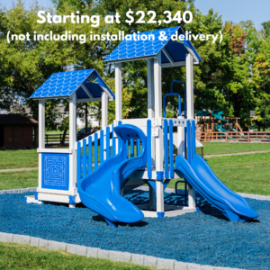 The Pioneer commercial vinyl playground is designed for children ages 2-5. It has a shorter deck height, two slides and a climber. Built to ASTM standards. Starting at $21,660.00 - not including delivery and installation.