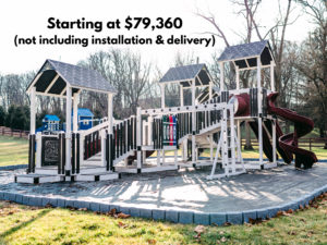 The Rocketeer playground is our largest commercial playground. Designed for children ages 2-12 years. It has monkey bars, numerous slides, a rock wall and towers. Built to meet ASTM standards. Starting at $70,506.00 - not including delivery and installation.