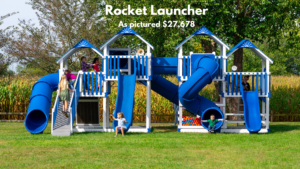 The Rocket Launcher has 5 slides and an outdoor ball pit! The built-in picnic table, ramp, ladder, rock climbing wall/ladder combo, and fun accessories like the spotlight and megaphone make the rocket launcher a magnet for fun! This vinyl swing set has a spot for a deluxe toddler swing under the 7ft tower. Choose white swing set with gray decking or ivory swing set with brown decking. Recommended ages 2-12 years old. Price as pictured $27,678.00 - not including delivery and installation.