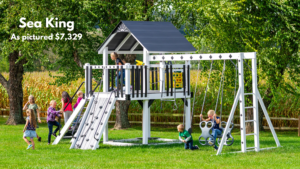 The Sea King has a 6’x8’ play deck with staircase, rock wall, waterfall slide, plastic glider and monkey bar swing beam. Also comes with tic-tac-toe, a ship’s wheel & telescope. Choose white swing set with gray decking or ivory swing set with brown decking. Recommended ages 2-10 years old. Price as pictured $7,329.00 - not including delivery and installation.