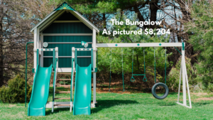 The Bungalow open playhouse allows parents to see inside. Comes with a fireman’s pole, spotlights, 2 slides & a staircase. Swing on the 2-rope tire swing. Choose white swing set with gray decking or ivory swing set with brown decking. Recommended ages 2-10 years old. Price as pictured $8,204.00 - not including delivery and installation.