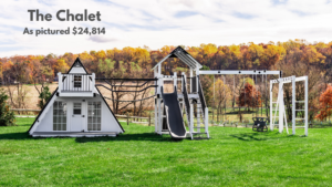 The Chalet has an A-frame playhouse, 6’x6’ play deck tower, 3 different swings and monkey bars. It has an avalanche slide, rock wall, wobbly bridge, belt swing, trapeze bar and plastic glider. This swing set can be customized. Choose white vinyl with gray decking or ivory vinyl with brown decking. Recommended ages 4-12 years old for this play set. Price as pictured--$24, 814 not including delivery and installation.