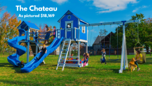 The Chateau playhouse swing set has a ball pit, slides, climbers, wobbly bridge, spotlight and megaphone! The Chateau is geared for older children because of it’s taller deck height. Choose white swing set with gray decking or ivory swing set with brown decking. Recommended ages 4-12 years old. Price as pictured $18,169.00 - not including delivery and installation.