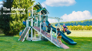 The Galaxy swing set has 3 different tower heights. Fly down the 9ft super spiral slide or the 14ft avalanche. The Galaxy is a versatile set with three different tower heights, which means there are fun options for kids of all ages. Climb up the ramp or the full-width rock wall. The playset has 6 different swings, including a hammock, tire swing & deluxe toddler swing. Choose white swing set with gray decking or ivory swing set with brown decking. Recommended ages 2-12 years old. Price as pictured $17,392.00 - not including delivery and installation.