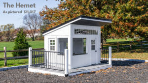 The Hemet Homestead is a ground level playhouse boasting an 8’x11’ play deck with an aluminum railing. The playhouse is 6 feet by 8 feet and has big windows and a metal lean-to roof. Playhouse can be customized. Choose white vinyl with gray decking or ivory vinyl with brown decking. Recommended ages 2-12 years old. Price as pictured--$11, 017 not including delivery and installation.