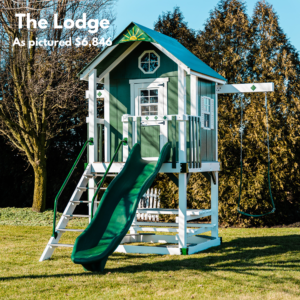 The Lodge playhouse can fit into small spaces. The staircase, slide, sandbox & built-in picnic table, make it an ideal choice for younger kids. Choose white swing set with gray decking or ivory swing set with brown decking. Recommended ages 2-10 years old. Price as pictured $6,846.00 - not including delivery and installation.