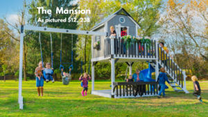 The Mansion playhouse swing set has a flower box, window box, and lemonade stand. The Mansion has a 6×6 playhouse on top of an 8×8 tower meaning the playhouse has a porch on two sides. It comes with 2 belt swings and a trapeze bar. The staircase allows for ease of access. Choose white swing set with gray decking or ivory swing set with brown decking. Recommended ages 2-12 years old. Price as pictured $12,238.00 - not including delivery and installation.