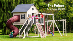 The Palace has the largest playhouse at 8×8. There’s a full-width rock wall and fireman’s pole. Exit via the turbo tube slide or ladder. The glider, trapeze and belts swings add fun. Add sand to the bottom of the tower for a huge sandbox! Choose white swing set with gray decking or ivory swing set with brown decking. Recommended ages 3-12 years old. Price as pictured $16,128.00 - not including delivery and installation.