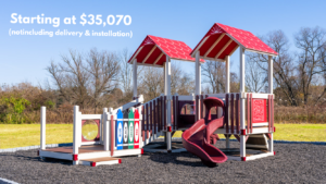 The Trail Blazer commercial vinyl playground is designed for children ages 2-5. It has shorter deck heights with 2 towers. It has a rock wall, spiral side and play panels. Built to ASTM standards.