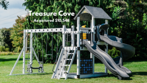 The Treasure Cove vinyl swing set is perfect for families who have younger children. The spilt level play deck holds 2 slides, and the monkey bar swing beam has 3 swings—plus a toddler swing under the top deck. You can play connect 4, tic-tac-toe or use the telescope or ship’s wheel that come standard with this set. Choose white swing set with gray decking or ivory swing set with brown decking. Recommended ages 2-10 years old. Price as pictured $10,548.00 - not including delivery and installation.