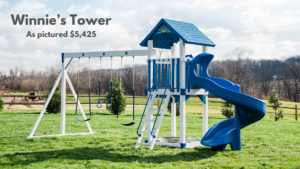 Winnie’s Tower swing set has a tower and plastic roof with a super spiral slide ship’s wheel accessory. The swing beam on this swing set includes 2 belt swings and a trapeze bar. Choose white swing set with gray decking or ivory swing set with brown decking. Great for small yards! Recommended ages 2-10 years old. Price as pictured $5,425.00 - not including delivery and installation.